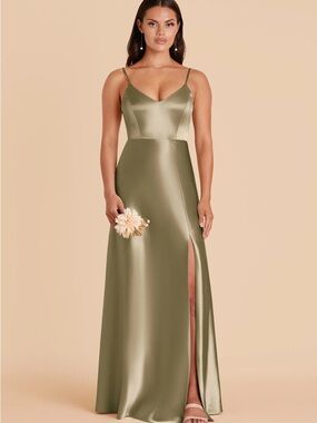 Satin Olive V-Neck Spaghetti Strap Prom Gown
